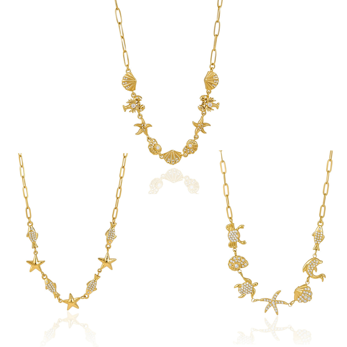 Separate shell sea-creature and fish necklace designs