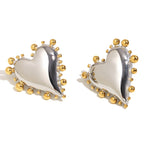 silver-finish heart earrings with irregular gold plated bead borders