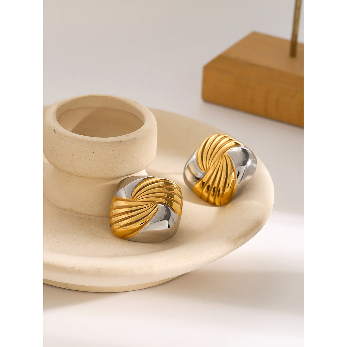 Two-Tone Textured Knot Stainless Steel Stud Earrings – product view 1