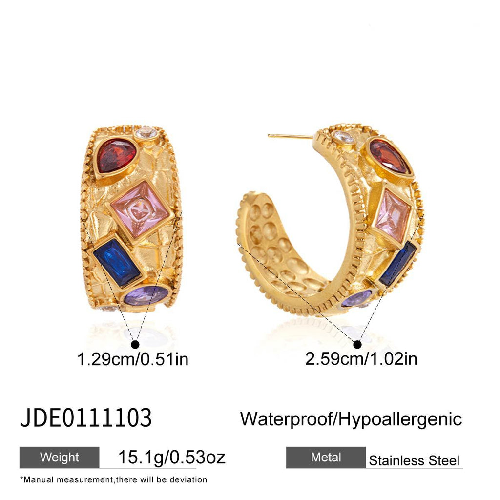 Multicolor zirconia hoop earrings with size annotations