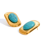Gold-Tone Turquoise-Color Cabochon Stainless Steel Stud Earrings finish and shape detail