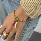 Gold Plated Red Chili Charm Stainless Steel Chain Bracelet on-model view