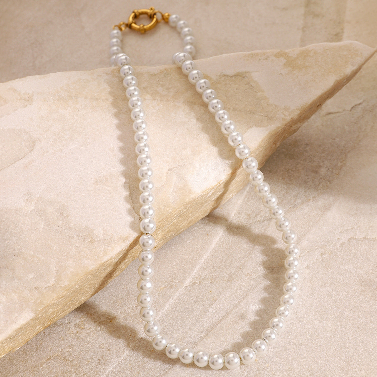 Pearl-Look Bead Stainless Steel Necklace with Ring Clasp close-up product view