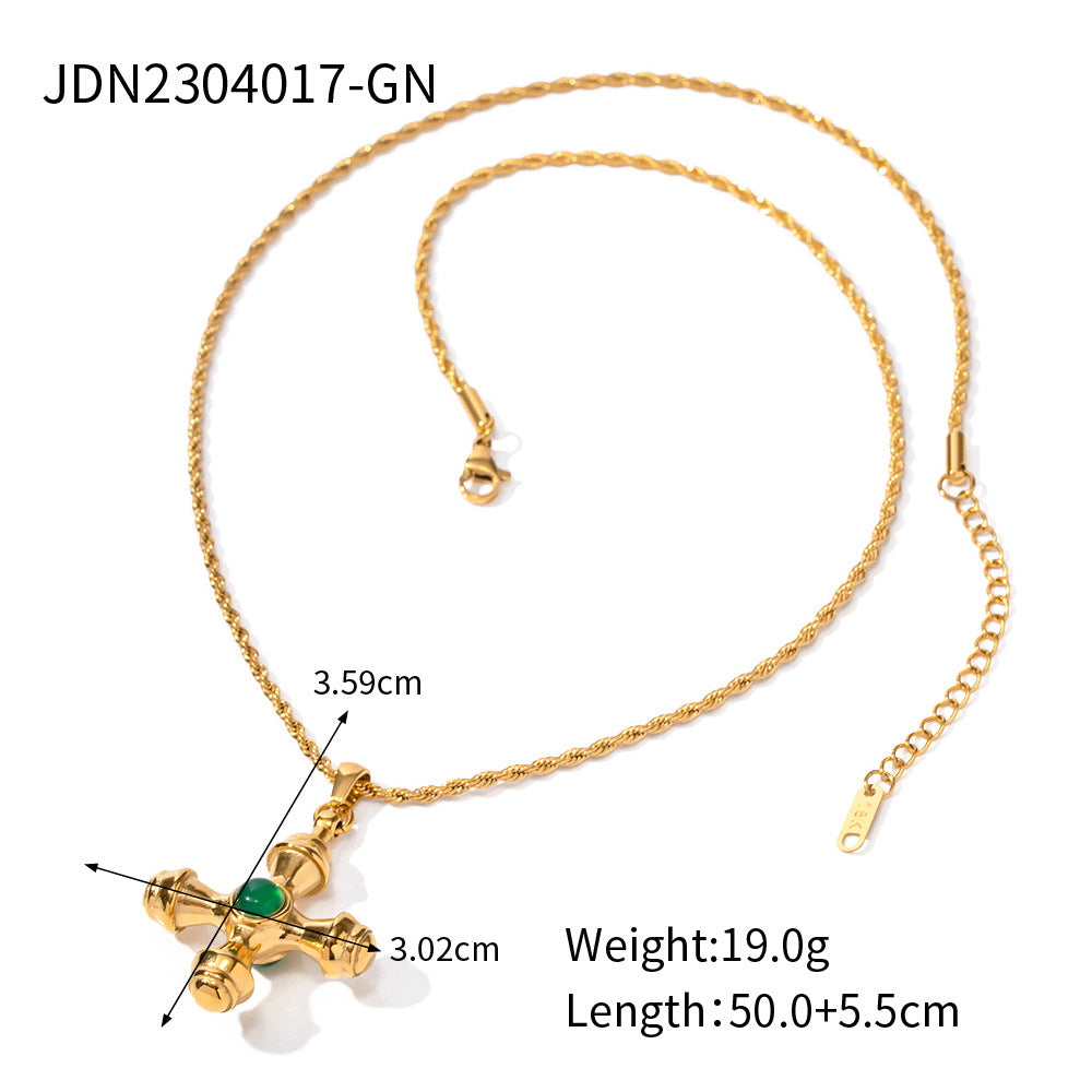 Gold-tone floral green accent pendant necklace with length details
