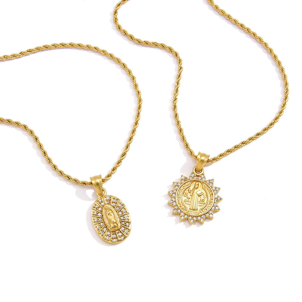 Two medallion necklace designs on white background