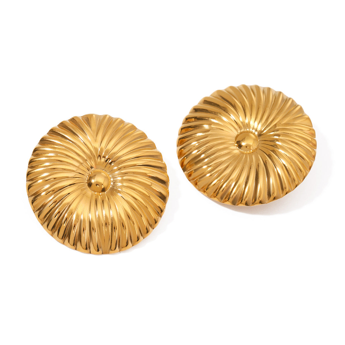 Gold Plated Ribbed Round Stainless Steel Statement Stud Earrings – product view 4