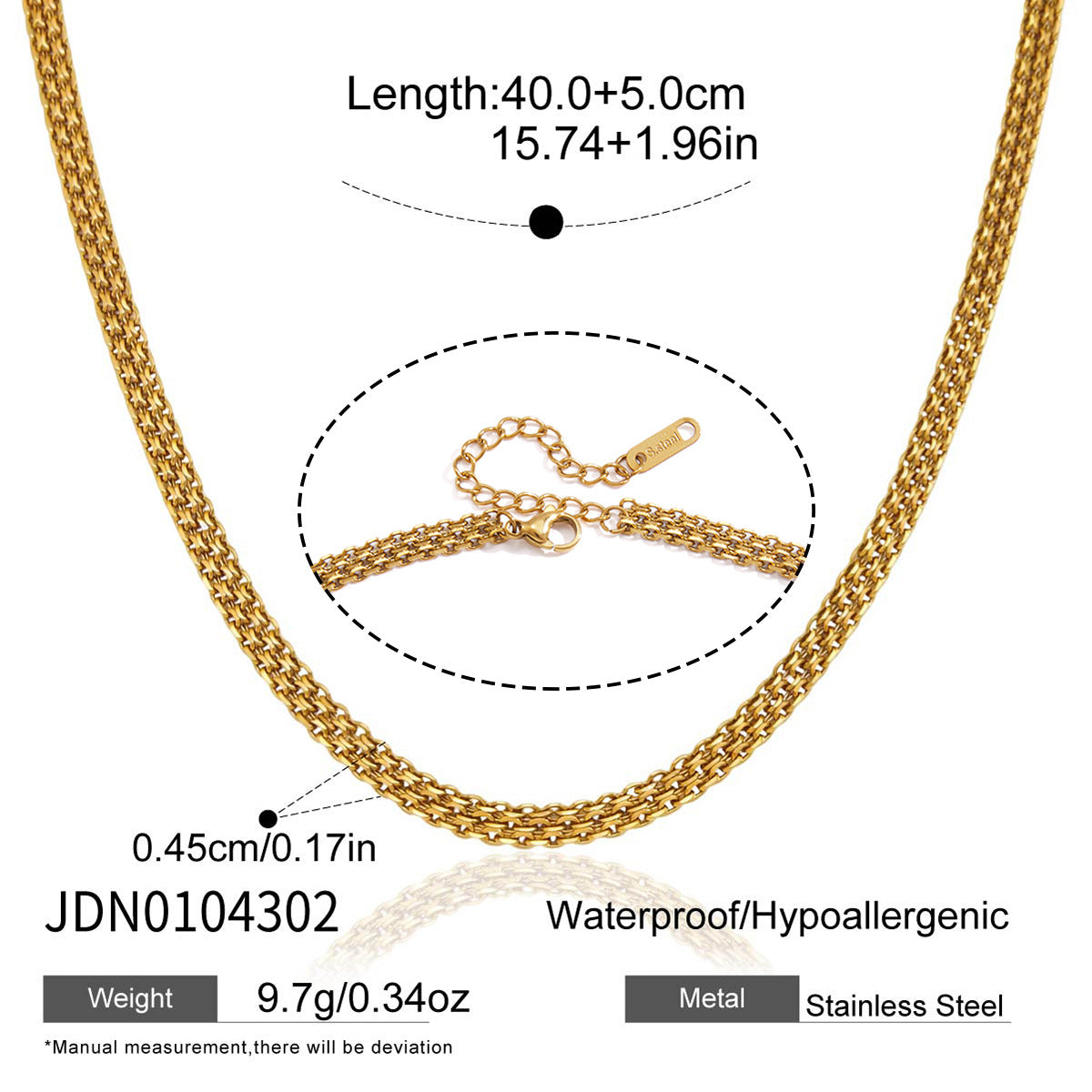 Broad close-link necklace with extender and dimensions