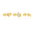 front view of gold plated moon star and planet stud set