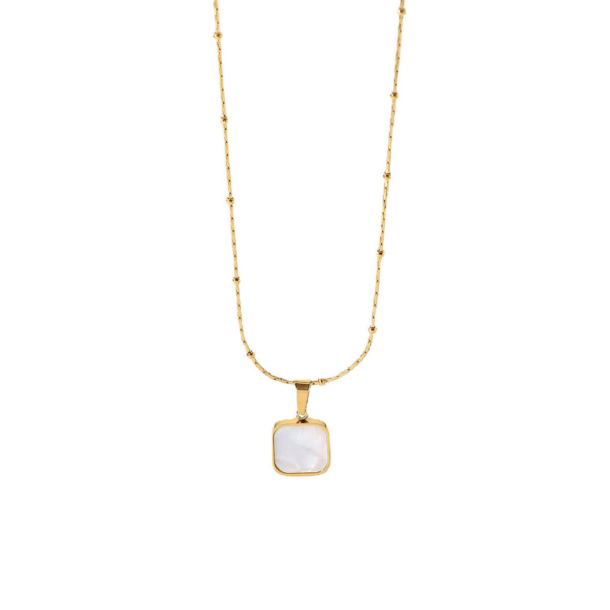 Gold Plated Stainless Steel White Inlay Square Pendant Necklace — station chain detail