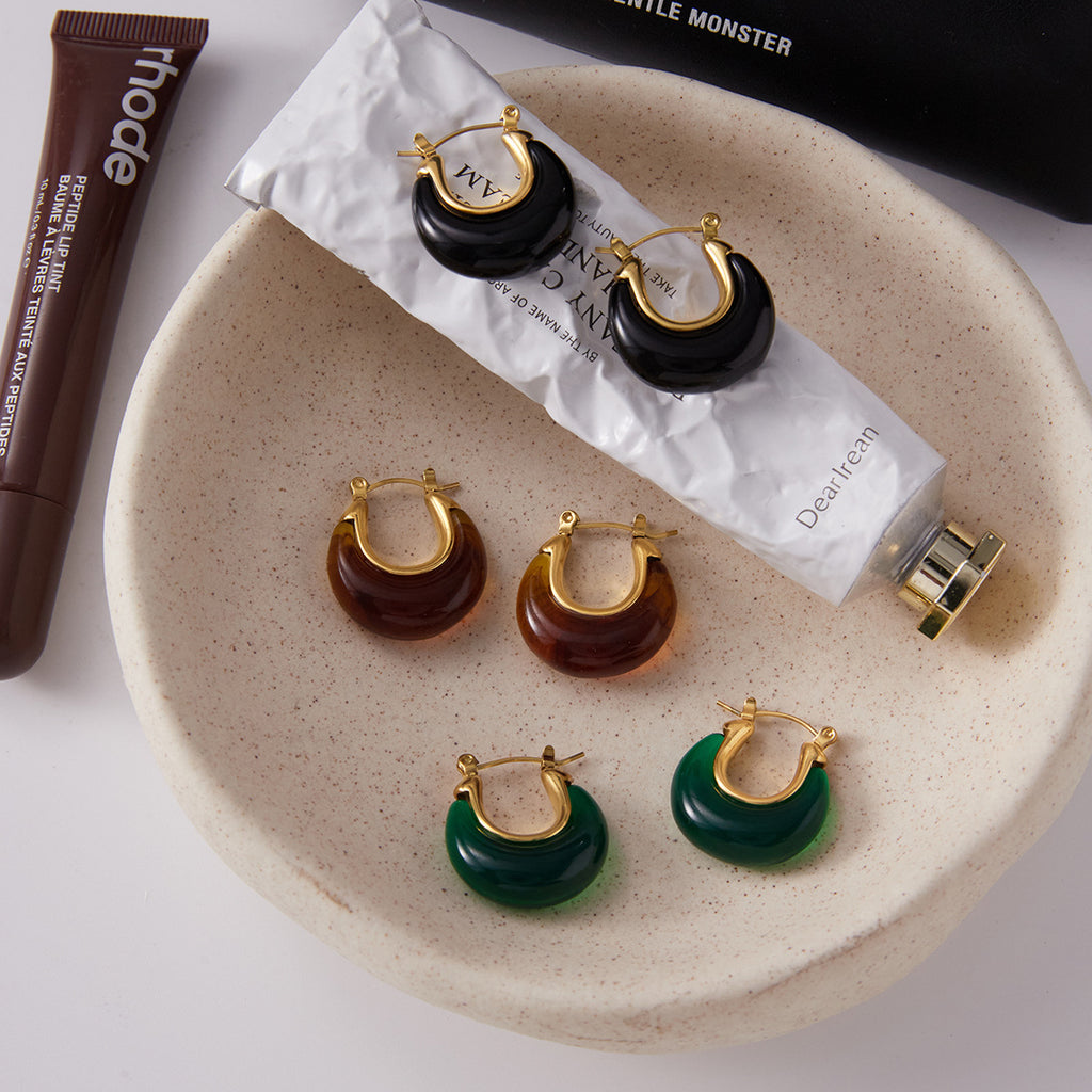Resin Drop Stainless Steel Hoop Earrings in Three Colors — detail view