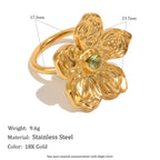 gold plated floral green stone ring with dimensions and listed weight