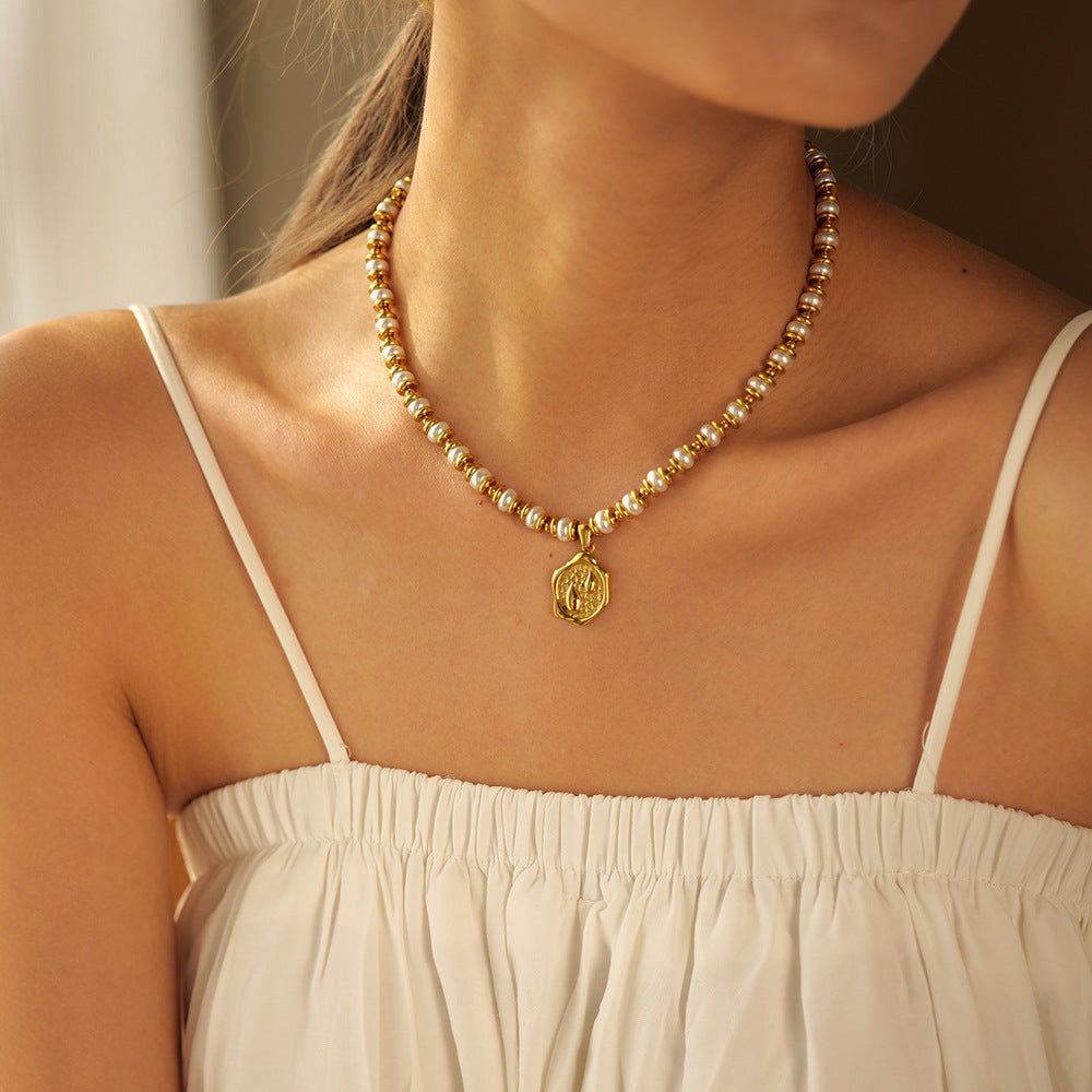 Gold Plated Stainless Steel Textured Medallion Necklace — detail view