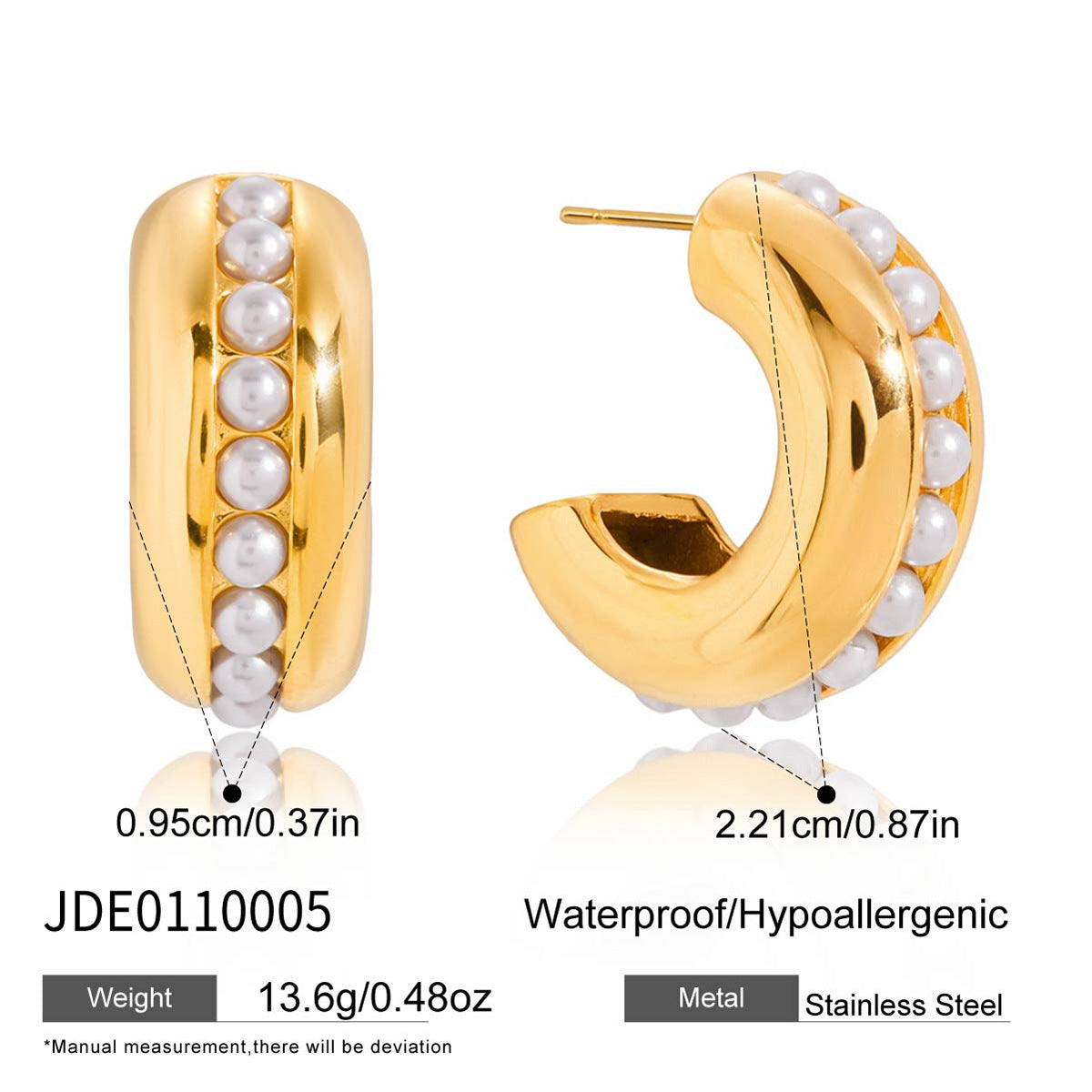 Wholesale Gold-Tone Stainless Steel Pearl Huggie Hoop Earrings - finish detail