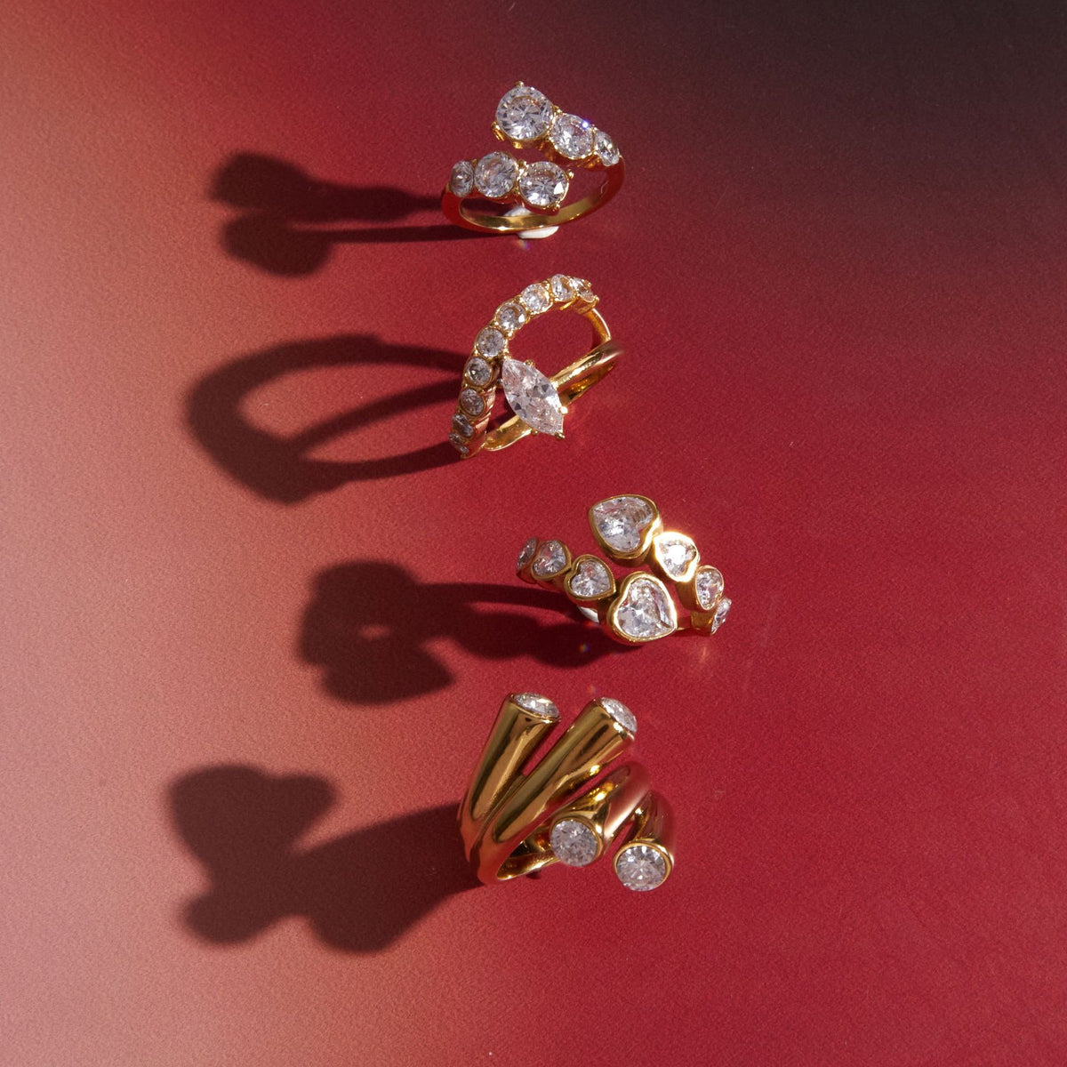 Gold Plated Clear Stone Stainless Steel Statement Ring Collection — graduated stone ring view