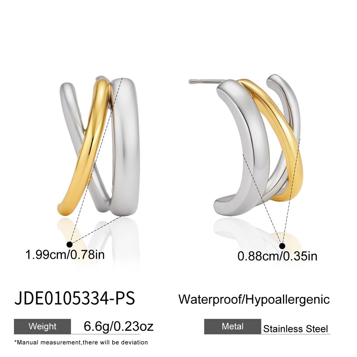 Two tone triple-curve earring dimensions and material reference