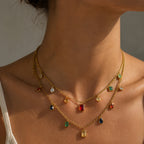 Double-layer necklace with colorful small drops worn close-up