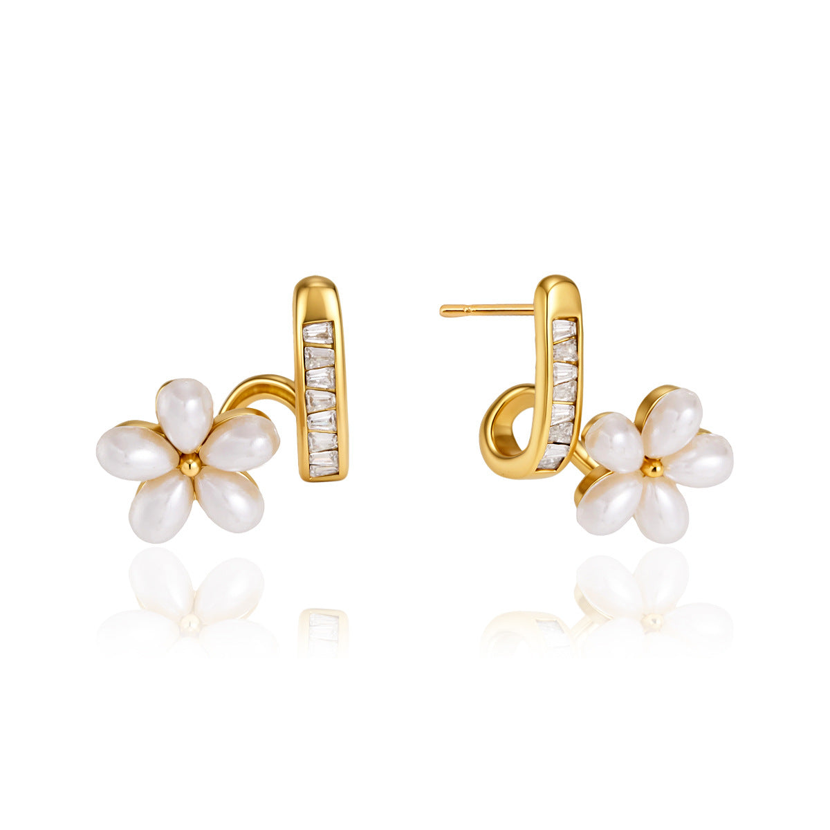 Stainless steel flower studs with rectangular clear accents