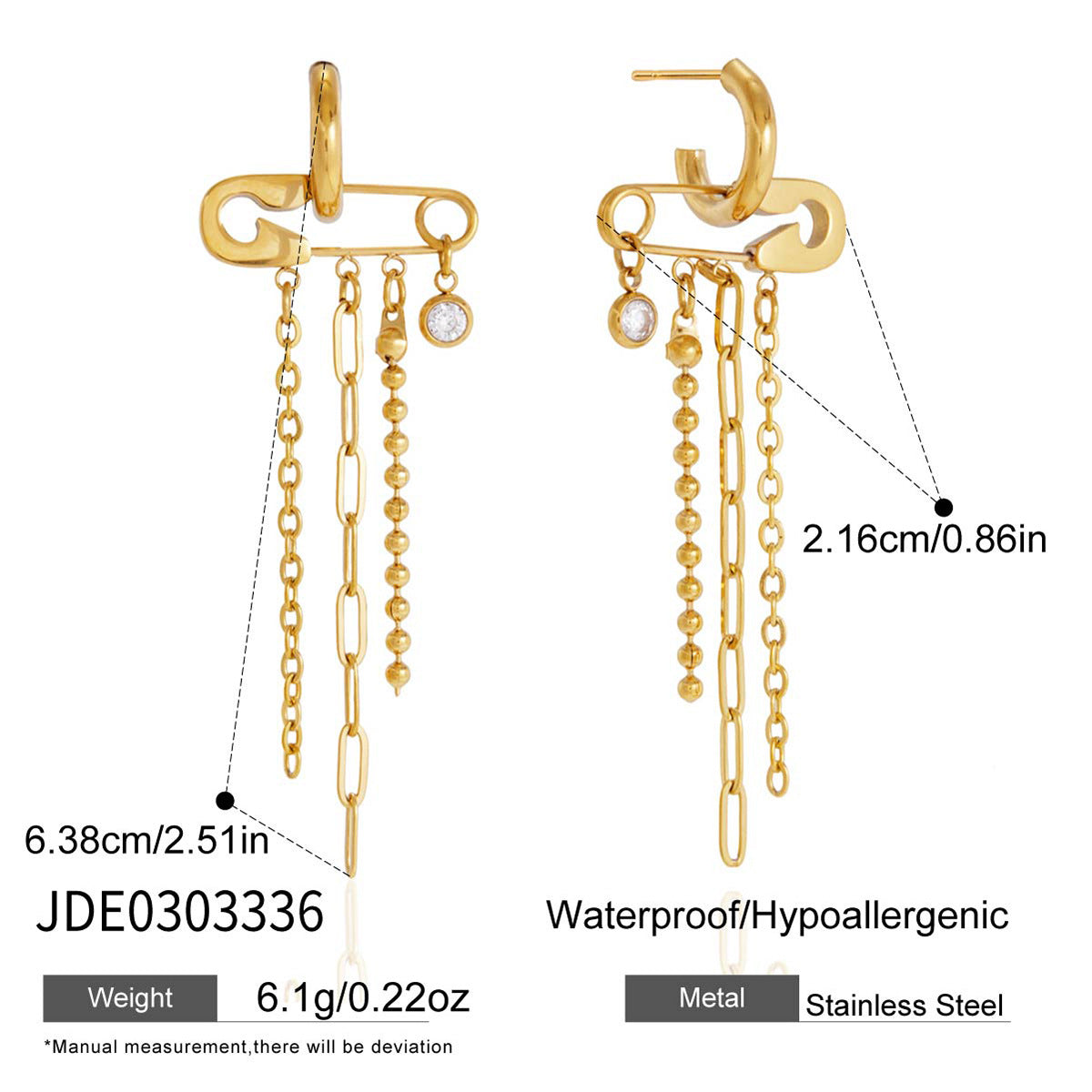 Safety pin motif earring dimensions and material chart