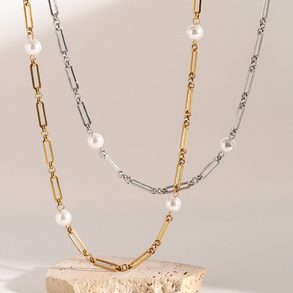Pearl-Look Beaded Stainless Steel Necklace Collection close-up product view
