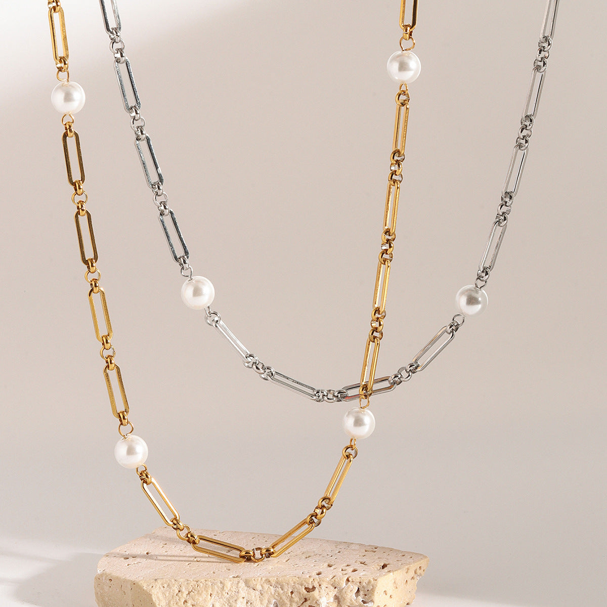 Pearl-Look Beaded Stainless Steel Necklace Collection close-up product view