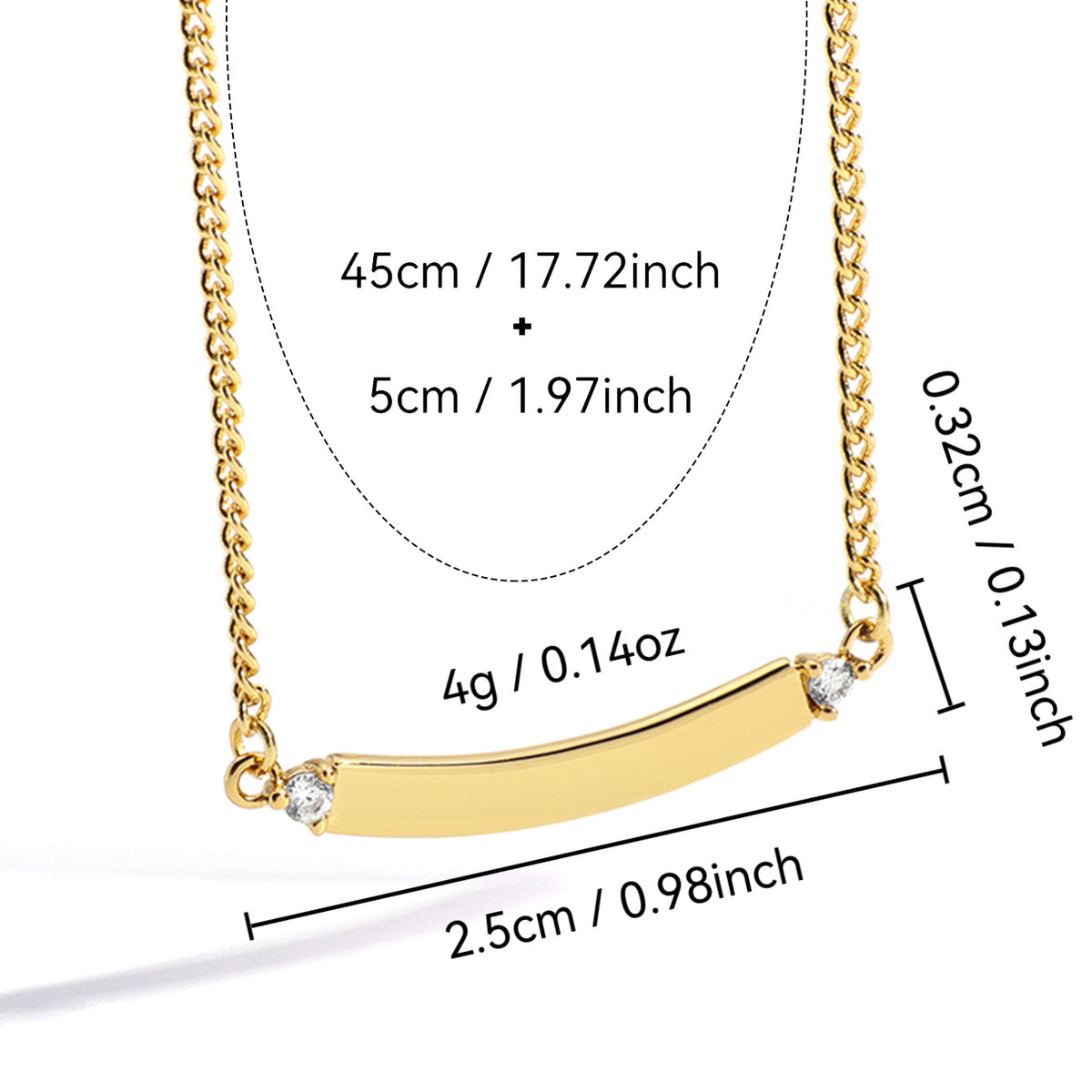 size guide for 2.5 cm curved bar necklace with 45 cm chain