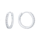 925 Sterling Silver Pavé Zirconia Huggie Hoop Earrings — silver pair showing pave front and hinge
