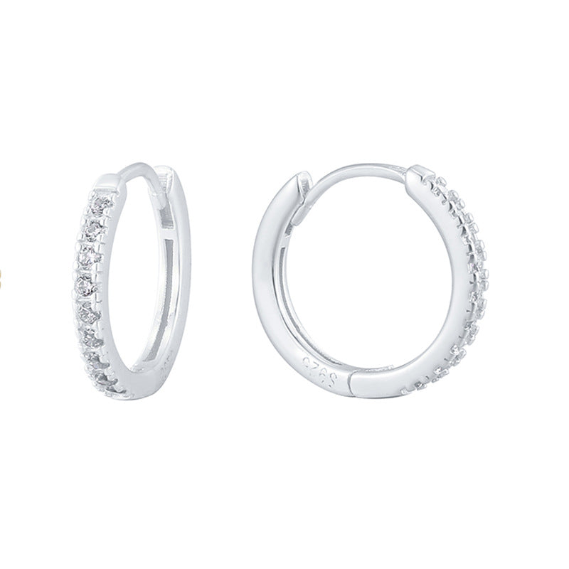 925 Sterling Silver Pavé Zirconia Huggie Hoop Earrings — silver pair showing pave front and hinge