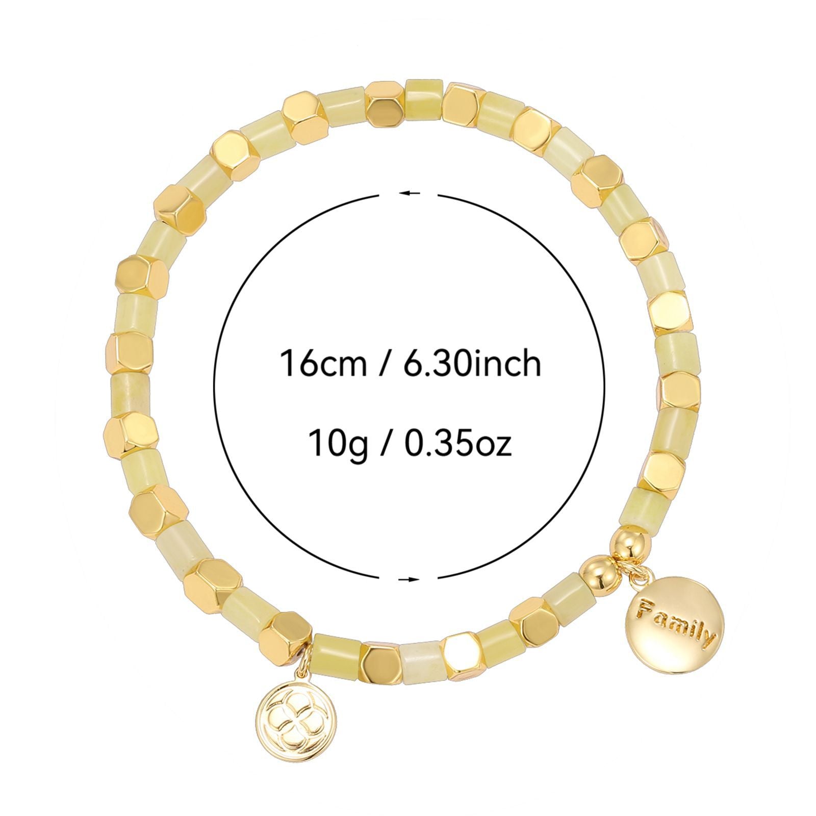 Family plaque bracelet with supplier-listed 16 cm size and 10 g weight
