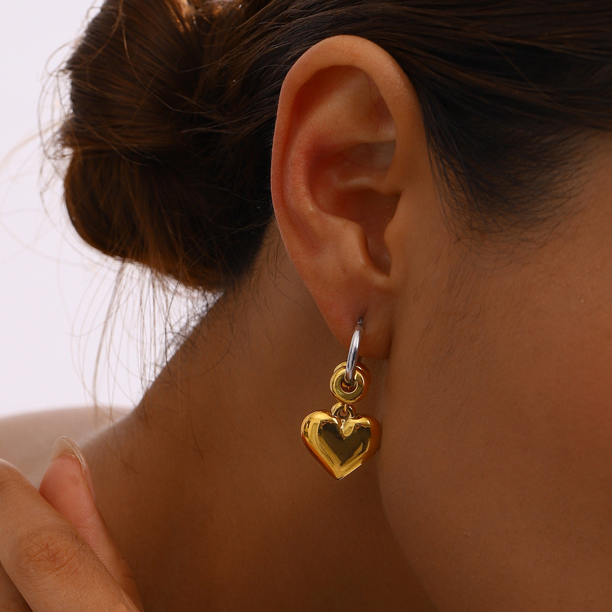 Two-Tone Heart Tassel Stainless Steel Drop Earrings — wholesale view 1