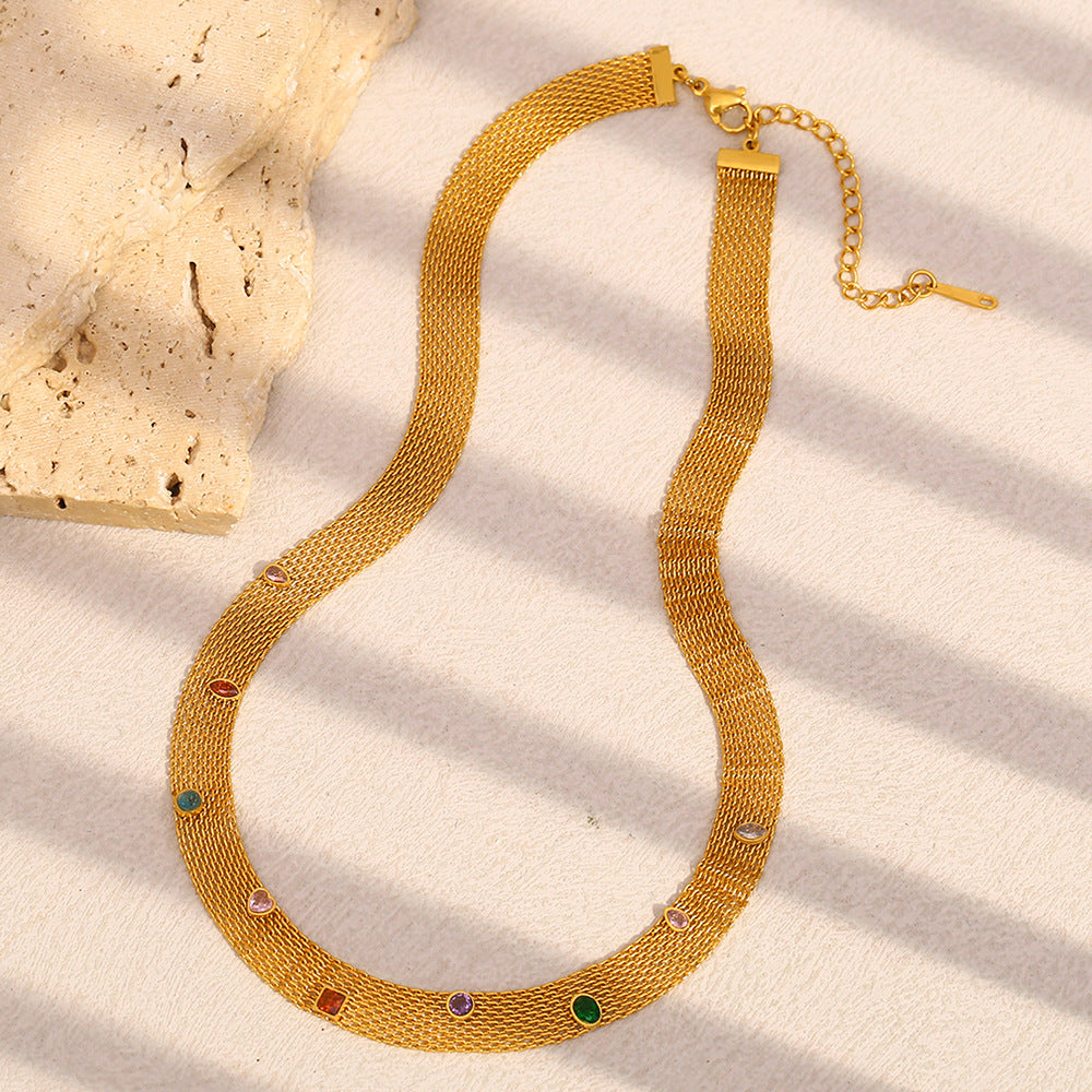 Gold Plated Stainless Steel Multicolor Accent Mesh Choker — full necklace view