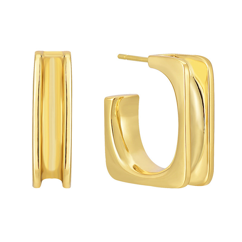 front and side views of gold plated double-line square hoop earrings