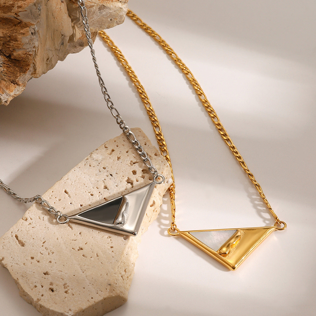 Mixed-Finish Geometric Shell Stainless Steel Pendant Necklaces — wholesale view 2