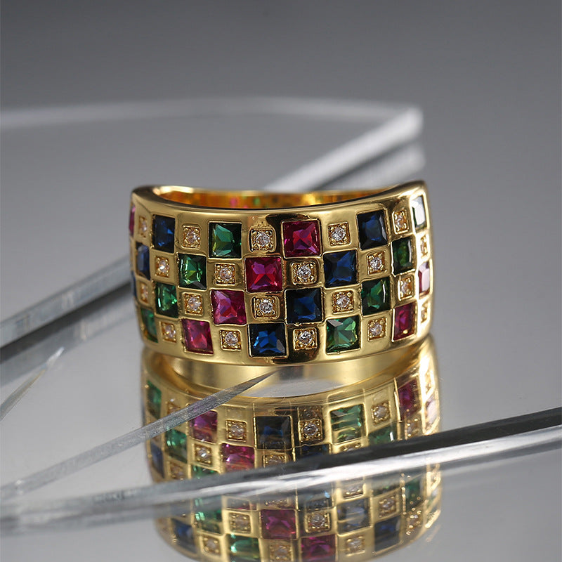 front view of multicolor square zirconia statement ring