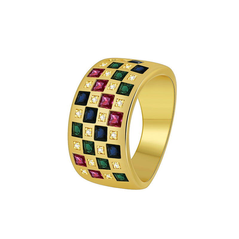 white-background view of gold plated multicolor zirconia ring