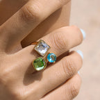 Three-color geometric ring shown on finger