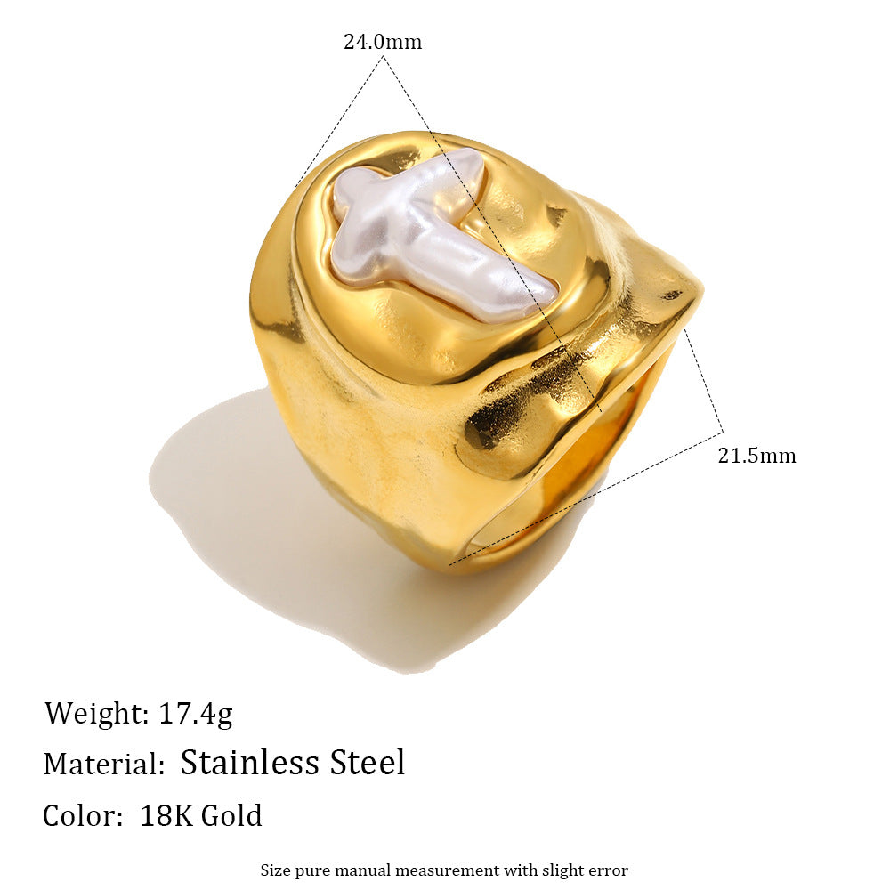 gold plated cross imitation pearl ring with size and weight