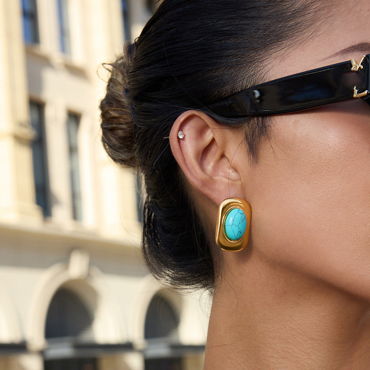 Gold-Tone Turquoise-Color Cabochon Stainless Steel Stud Earrings styled product view