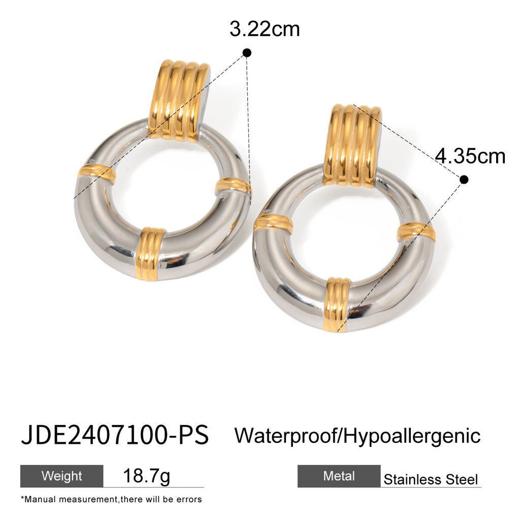 Two-Tone Circular Stainless Steel Statement Stud Earrings — product reference