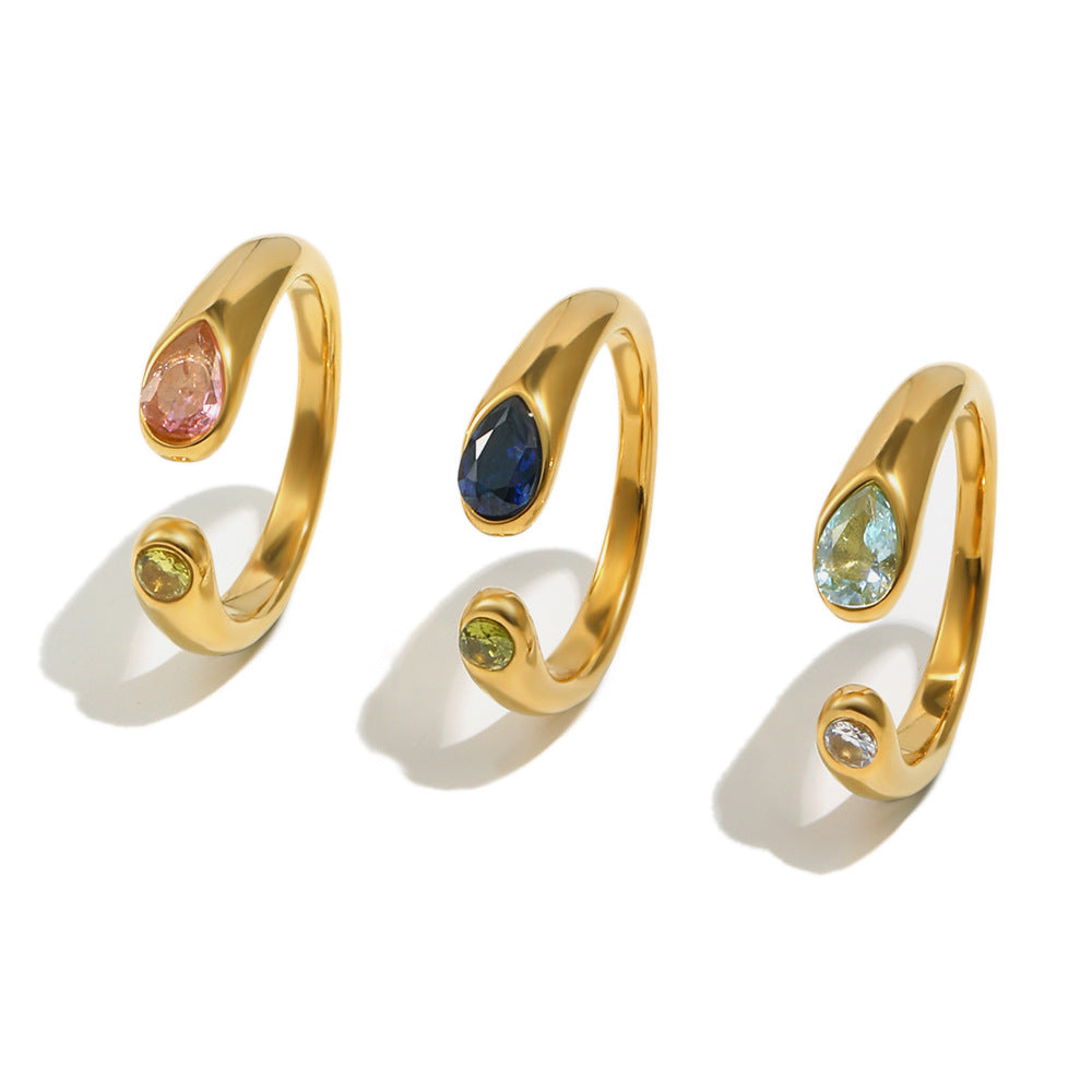 front view of three gold plated two-stone snake ring options