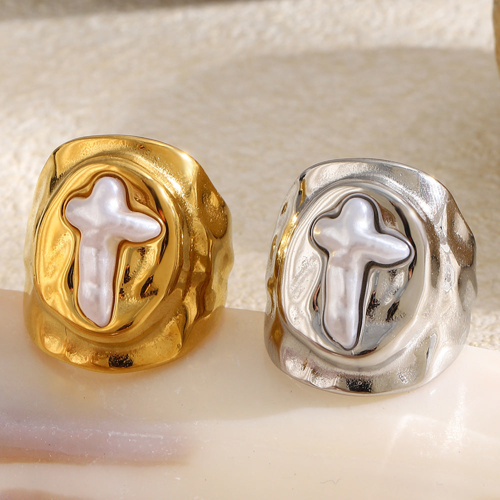 gold plated and silver-finish cross imitation pearl rings