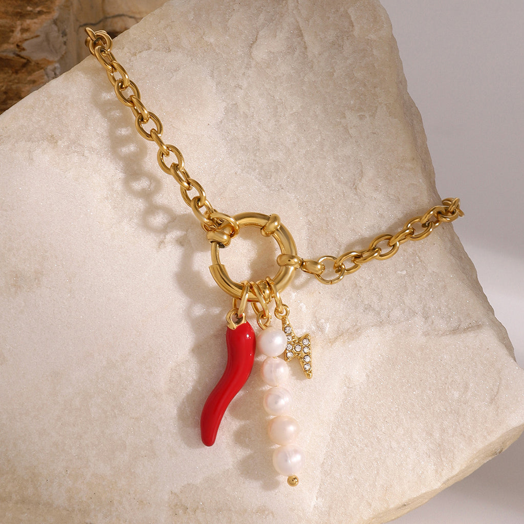 Gold Plated Red Chili Charm Stainless Steel Chain Bracelet close-up product view