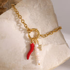 Gold Plated Red Chili Charm Stainless Steel Chain Bracelet close-up product view