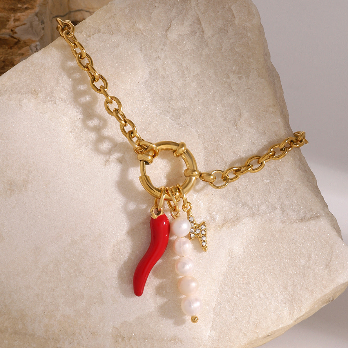 Gold Plated Red Chili Charm Stainless Steel Chain Bracelet close-up product view