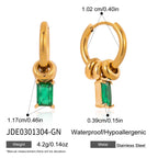 Green rectangular stone hoop earrings with size chart