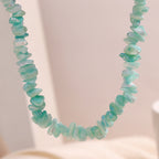 Close view of irregular aqua chip shapes