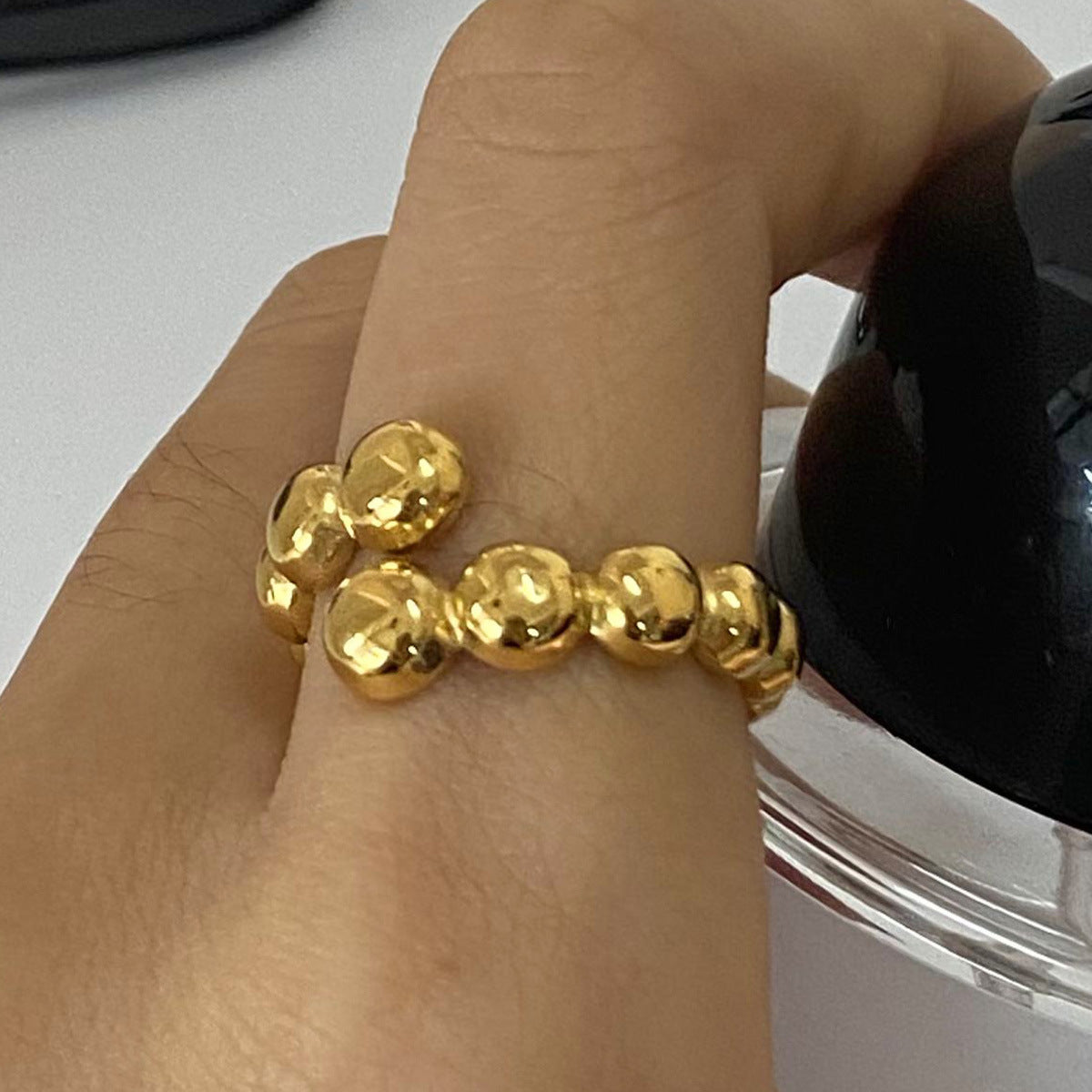 Stainless Steel Bead Open Ring Collection in Mixed Finishes close-up product view