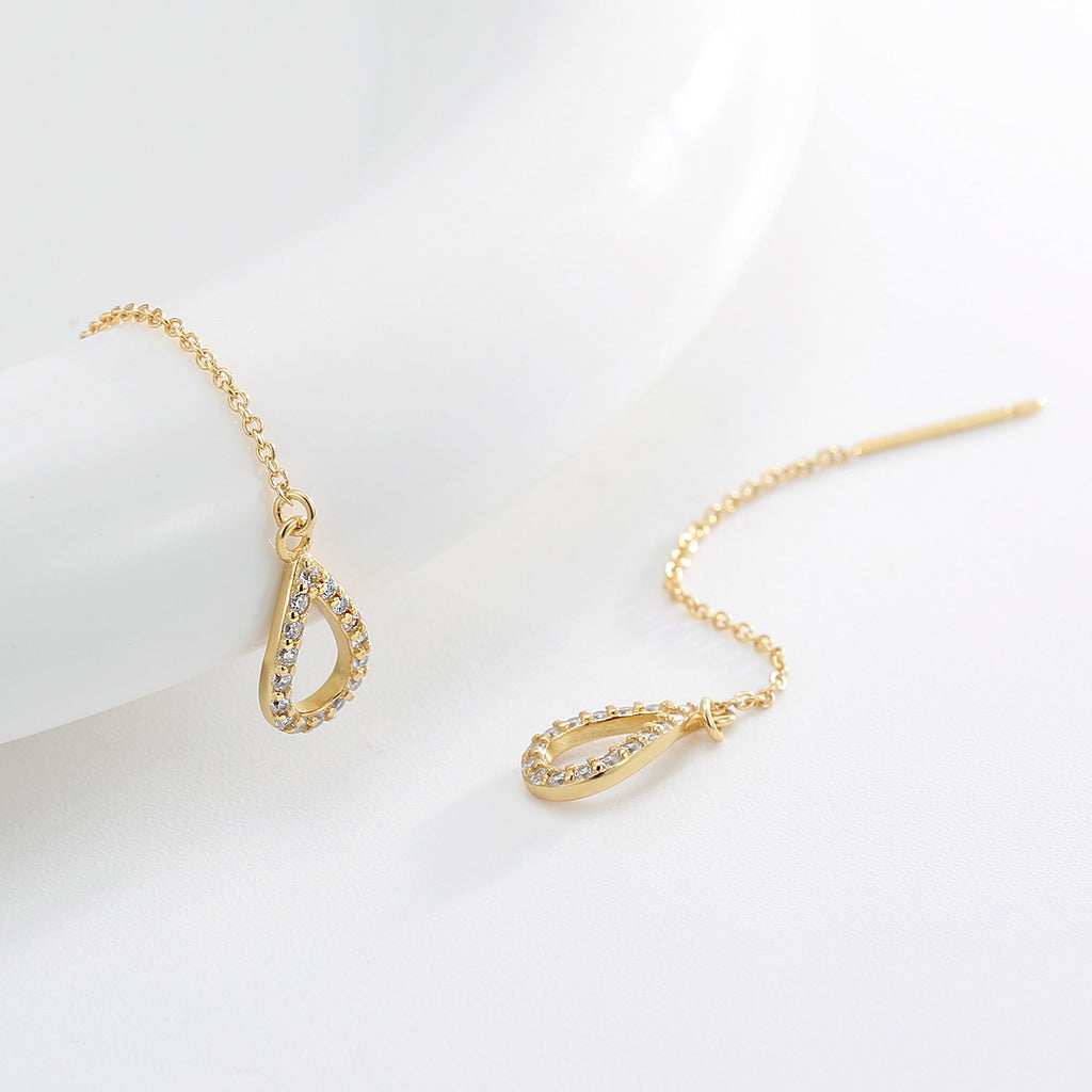 Gold Plated 925 Sterling Silver Teardrop Zirconia Threader Earrings — teardrop sides and flexible chains