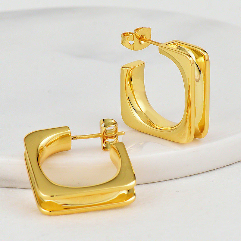 open view of sculpted square hoop earrings with post backs
