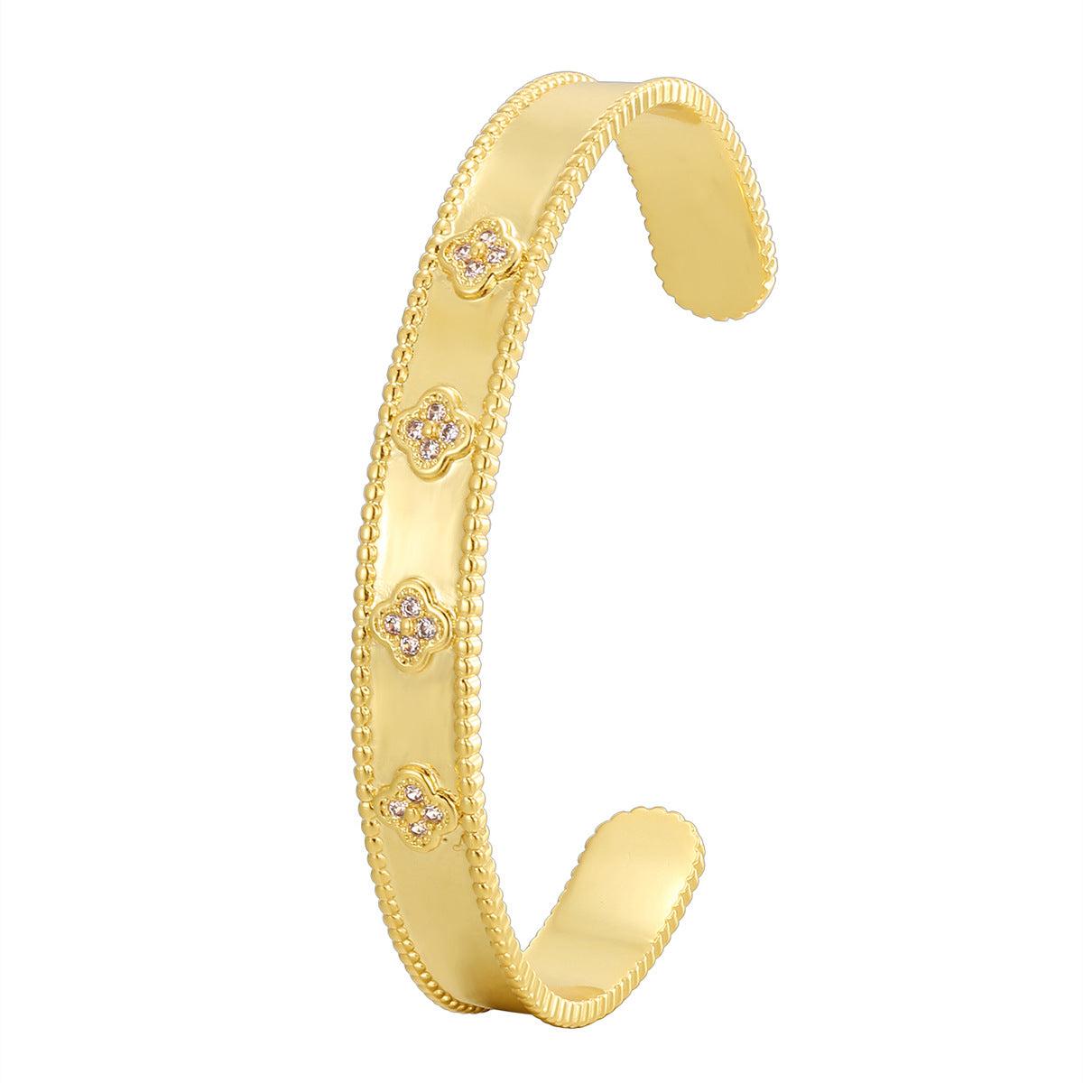 isolated front view of the gold plated clover open bangle