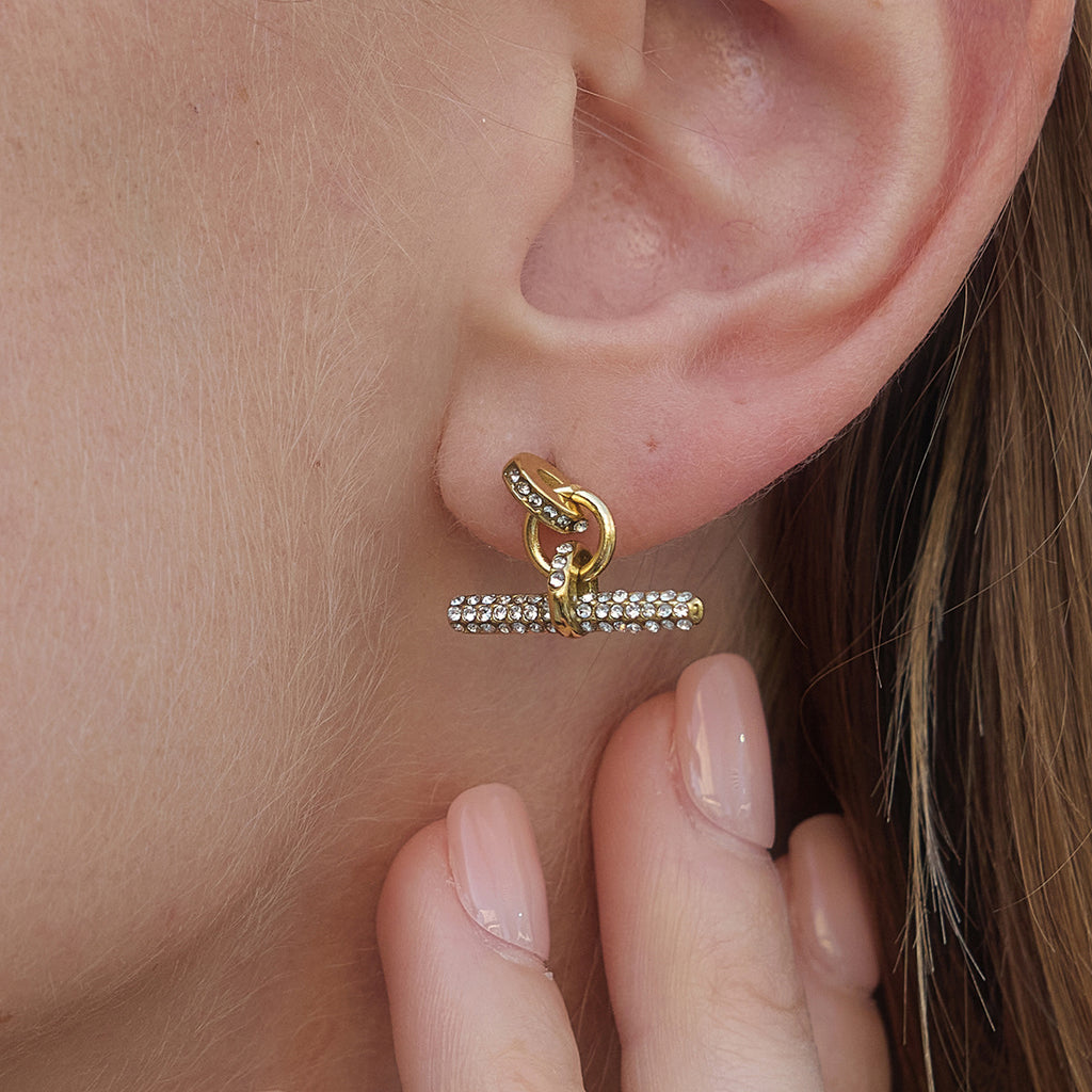 Rhinestone T-bar stud worn close-up